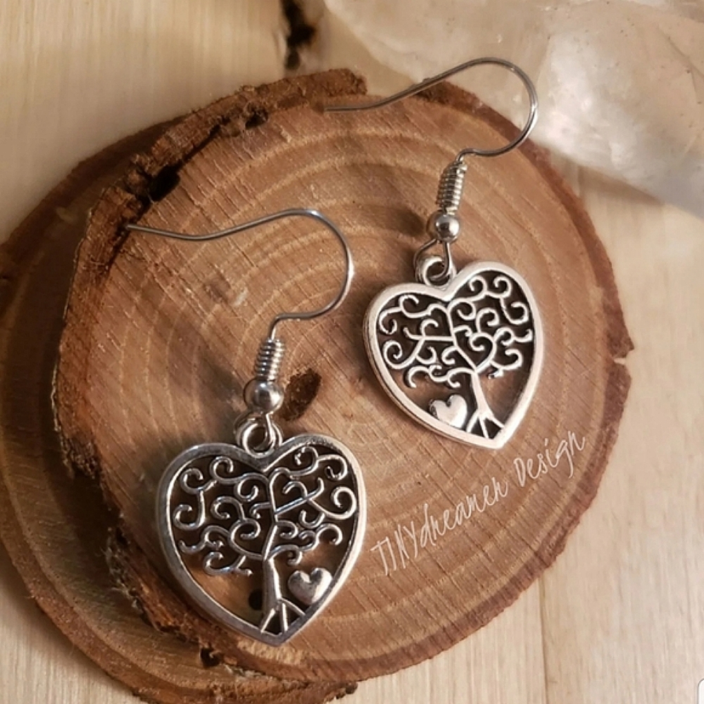 Silver Heart Tree of Life earrings ~Family~Love~Pagan~Wiccan~Religious~Mom Gift